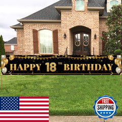 Tzss Large Happy 18Th Birthday Decoration Banner Black And Gold Happy 18Th