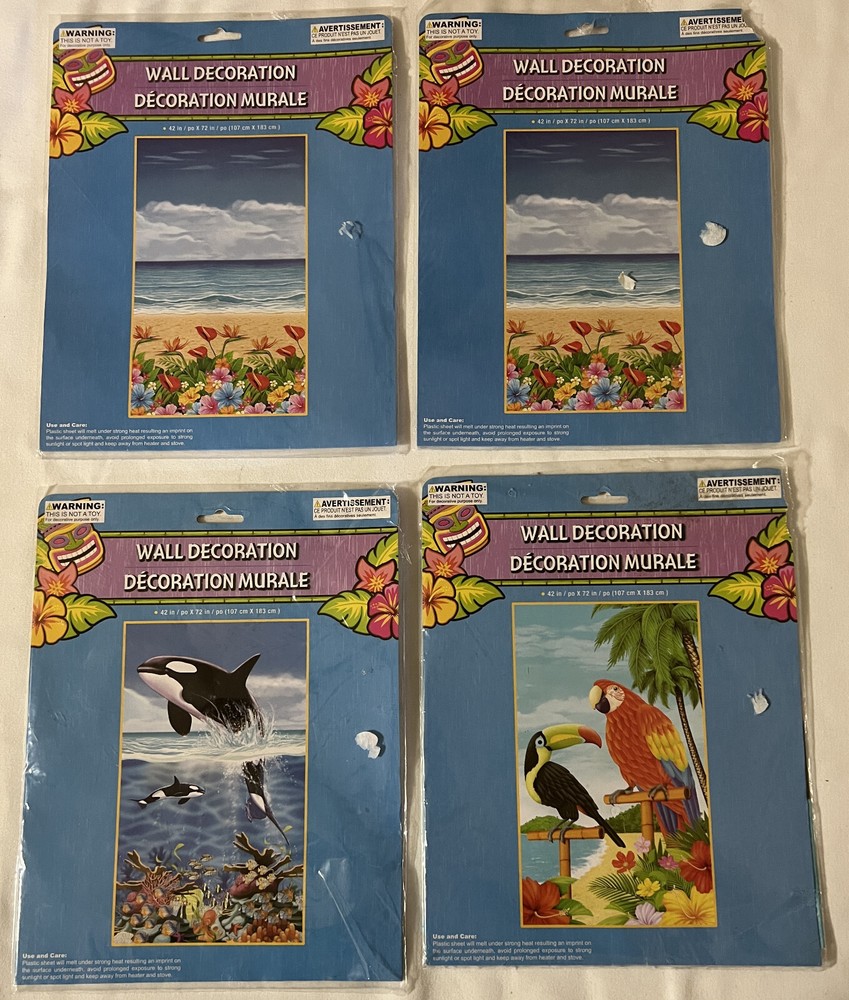 Lot of 4 Luau Hawaiian Theme Party Wall Murals 42″x72″ Beach, Parrots & Whale