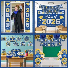 2026 Graduation Decorations Set – Blue & Gold Congrats Grad Banner, Backdrop, Ba