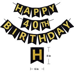 Black & Gold Glittery Happy 40th Birthday Banner,Poms,Sparkling 40 Hanging Sw…