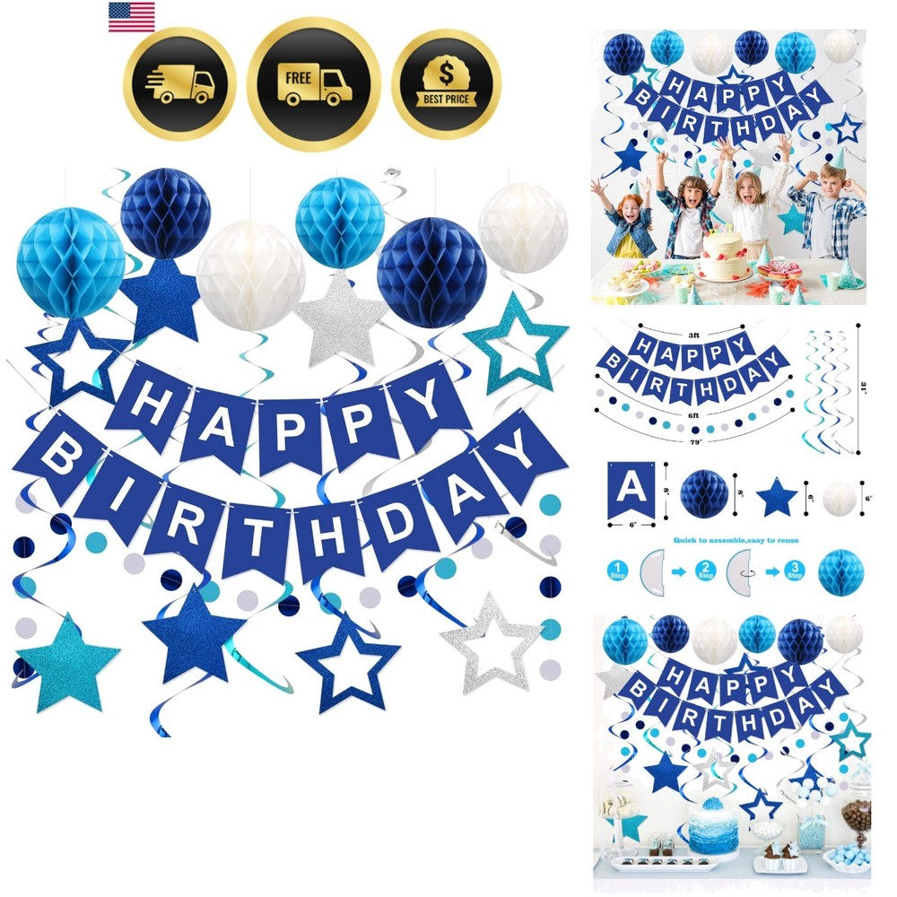 Birthday Decorations, Happy Birthday Banner with Honeycomb Balls, Stars Hangi…