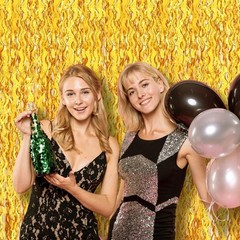 2 Pack 3.2×6.5 Feet Wavy Gold Foil Fringe Backdrop Curtains Tinsel Streamers