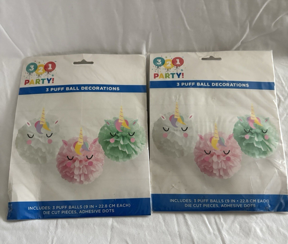 New 2 (3 pk) 9″ Unicorn Puff Balls Decorations Tissue Paper Pom Poms 321 Party!
