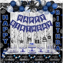 Blue & Black Birthday Party Decorations – Balloons, Banner, Tablecover, Fringe C