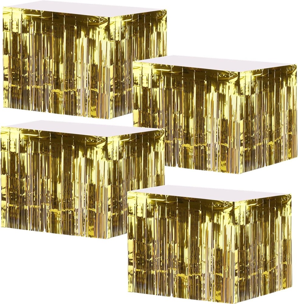 4 Pack Metallic Foil Fringe Table Skirt, Gold Shiny Tinsel Tassle Banner for
