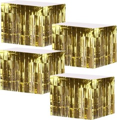4 Pack Metallic Foil Fringe Table Skirt, Gold Shiny Tinsel Tassle Banner for
