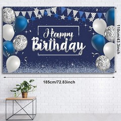 Navy Blue & Silver Happy Birthday Banner – Stunning 72.8 x 43.3 Inch Decoration