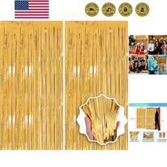 2 Pack 3.3×8.2 FT Gold Backdrop Birthday Decorations Foil Tinsel Curtain Gold…