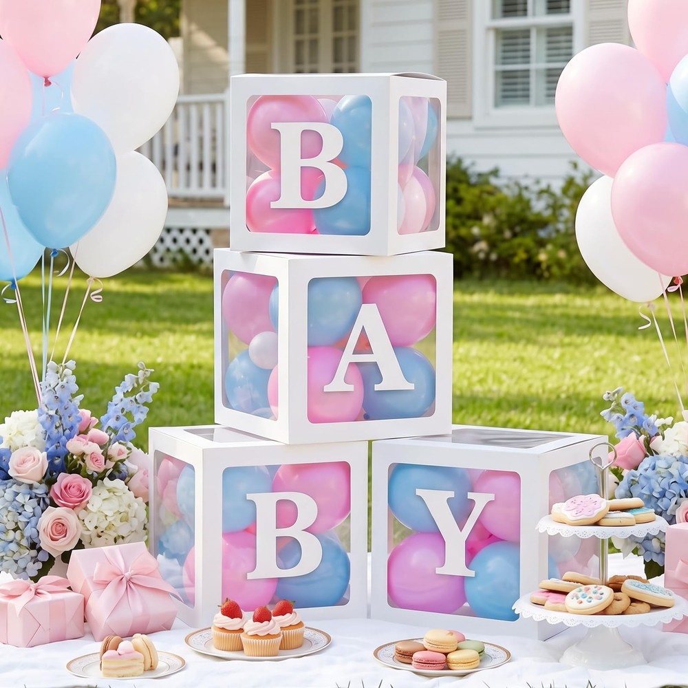 Baby Boxes with 41 Letters and 36 Balloons, 4pcs Clear Balloon Boxes for Baby…