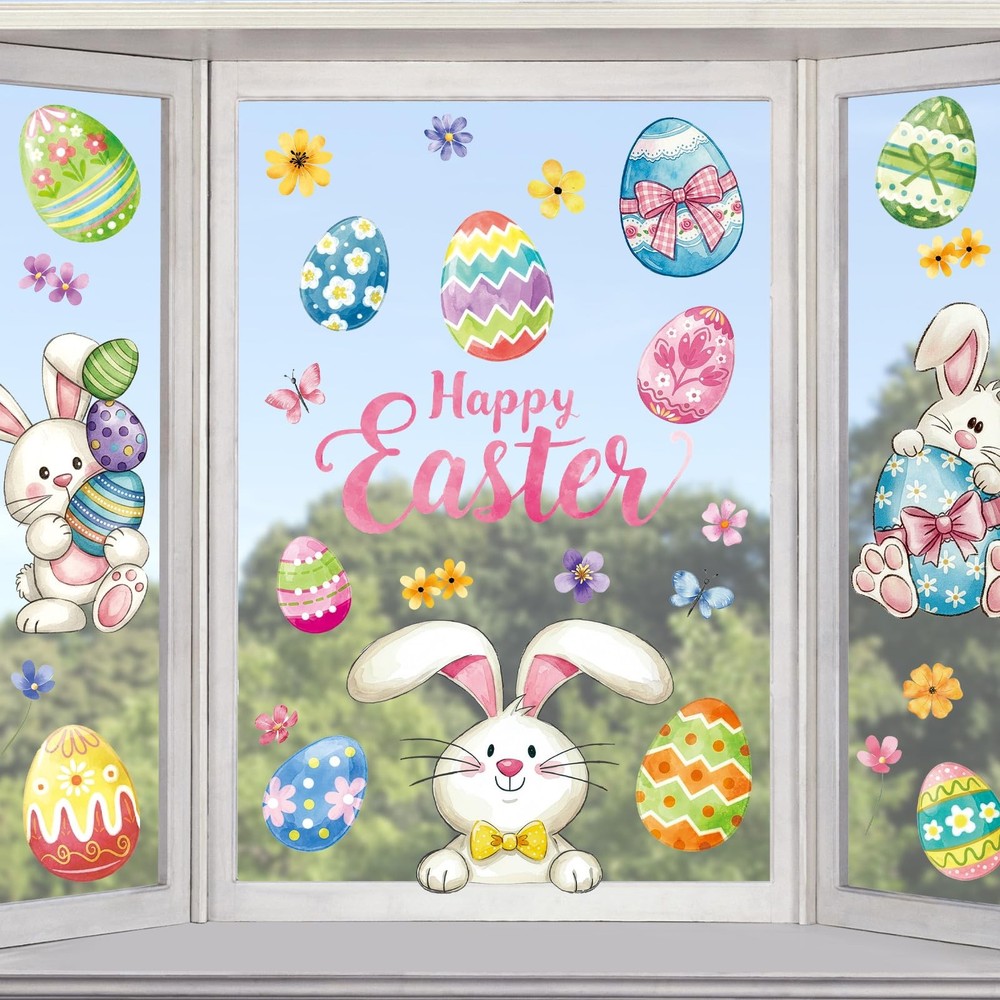 Vintage Happy Easter Bunny Egg Window Clings 6 Sheets, Spring Window Decals St..