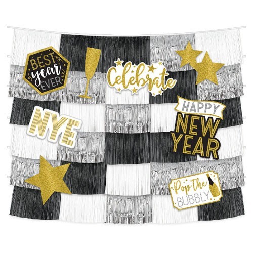 NEW YEAR’S ‘ Black Gold and Silver’ FRINGE BACKDROP W/ CUTOUTS (14) 1Party