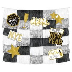 NEW YEAR’S ‘ Black Gold and Silver’ FRINGE BACKDROP W/ CUTOUTS (14) 1Party