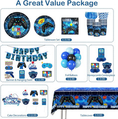 208Pcs Video Game Birthday Decorations-Serves 25, All-In-One Gamer Birthday Part