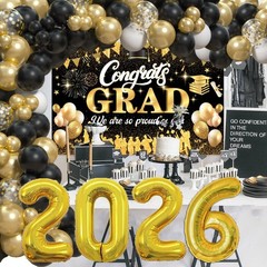 2026 Graduation Party Decorations – Black Gold Balloon Arch Kit & Congrats Grad