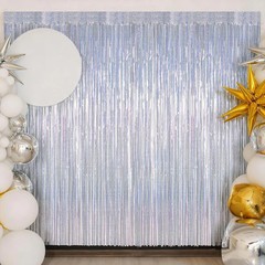 2 Pack Silver Metallic Tinsel Foil Curtains, 3.28 FT x 7.05 FT Glitter Silver Fr