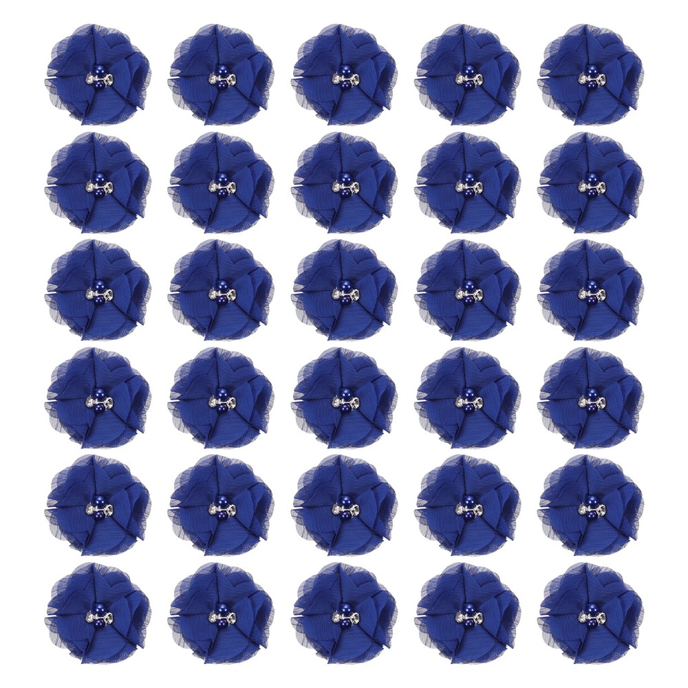 30Pcs 2″ Chiffon Flower with Rhinestone Pearl Sewing Fabric Flower,Sapphire Blue