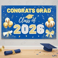 2026 Graduation Backdrop Blue – 70.8″x43.3″ Congrats Grad Banner for Party, C…