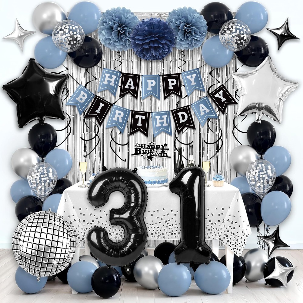 Happy 31st Birthday Party Decorations for Boys Girls, Dusty Blue and Black Bi…