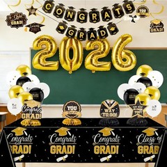 Graduation Decorations 2026 Set Black Gold with Congrats Grad Banner Backdrop…