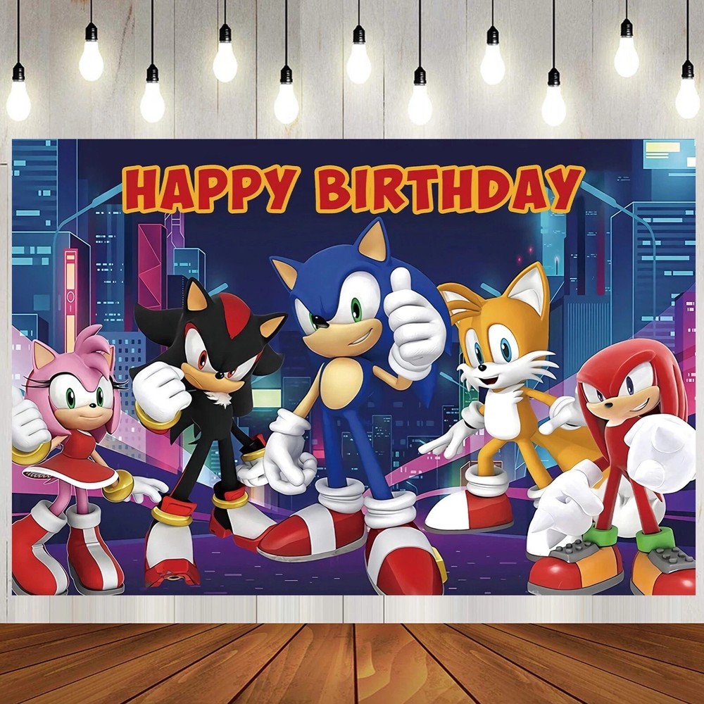 Sonic the Hedgehog Happy Birthday Backdrop 5×3.5ft,for Kids Birthday Party Decor