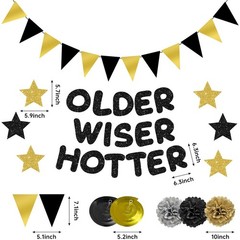 Turypaty Older Wiser Hotter Triangle Flag Birthday Banner Black Gold