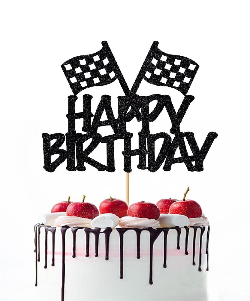 Race Flag Cake Topper Checkered Car Racing Happy Birthday Party Decorations