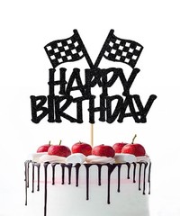 Race Flag Cake Topper Checkered Car Racing Happy Birthday Party Decorations