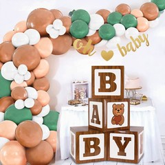 Teddy Bear Baby Shower Boxes Balloon Party Decor wood grain gender birth theme