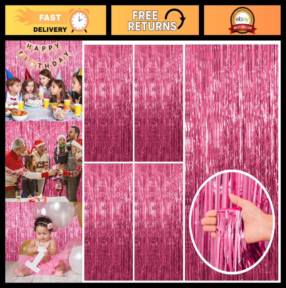 5 Pack Pink Tinsel Curtain Backdrop – Foil Fringe Party Decorations, Birthday Ph