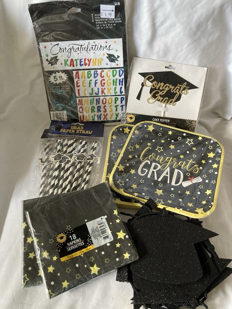 Graduation Party Decorations Lot Gold/Black Plates Straws Banner Cake Topper