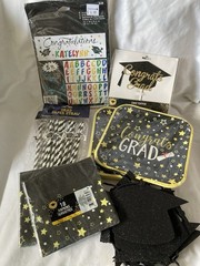 Graduation Party Decorations Lot Gold/Black Plates Straws Banner Cake Topper