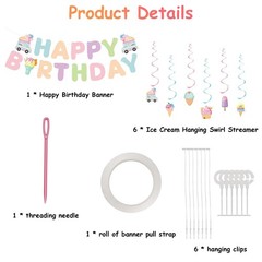 Birthday Decorations, Happy Birthday Banner Sign with Ice Cream Hanging Swirl…
