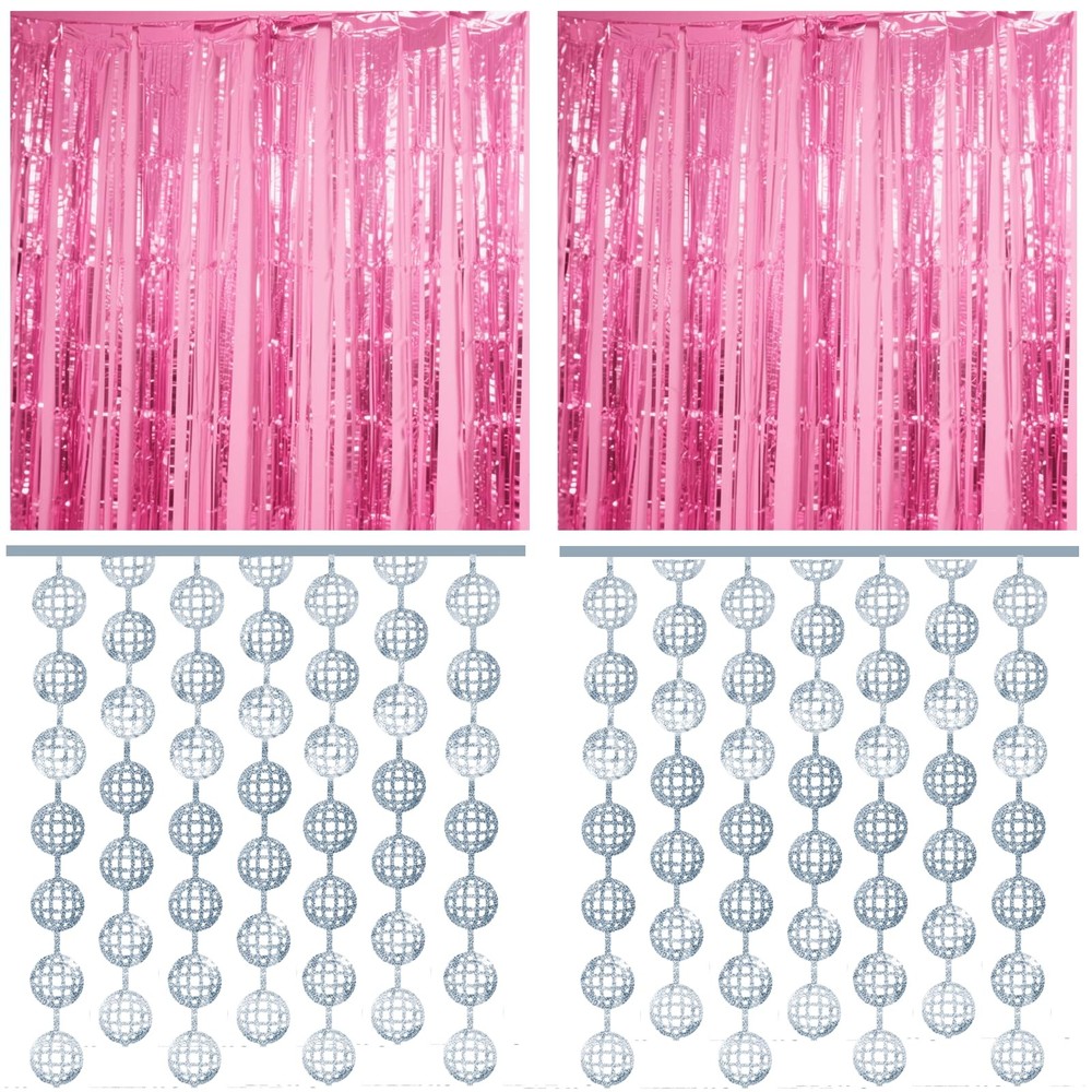 4 PCS Disco Party Decorations 2 Silver Fringe Curtains 2 Candy Pink Backdrops