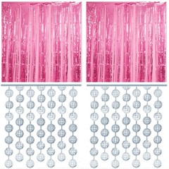 4 PCS Disco Party Decorations 2 Silver Fringe Curtains 2 Candy Pink Backdrops