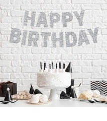Pre-Strung Happy Birthday Banner No DIY Silver Glitter Birthday Banner 2 Pack