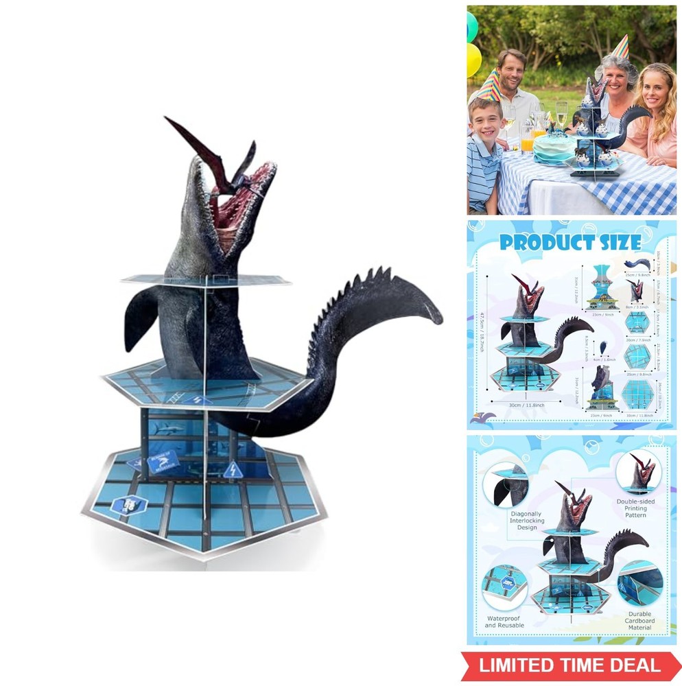 Mosasaurus Cupcake Stand 3 Tier Dinosaur Party Decorations 18.7 Inch Ocean