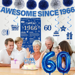 60Th Birthday Decorations Men Banner – 17 Pcs Blue Glitter Back in 1966 Birthday