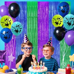 22pcs Video Game Birthday Decorations, Purple Blue Green 3.3×8.2ft Tinsel Foi…