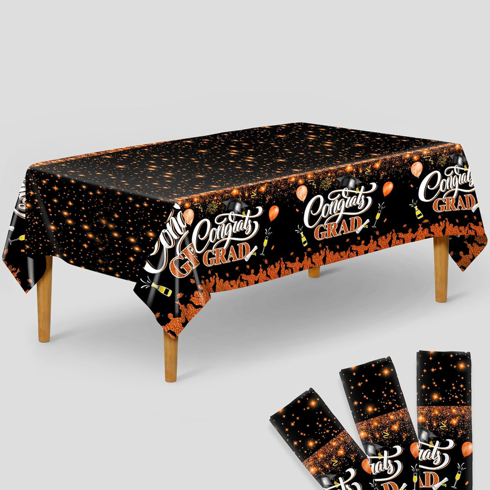 Graduation Decorations 2026 | Orange and Black Graduation Tablecloth -Pack of 3,