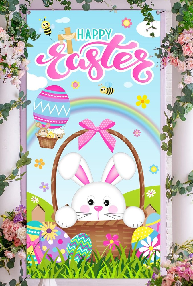 Happy Easter Door Cover, Large Fabric Bunny Door Banner, Easter Egg Decoratio…