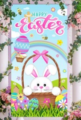 Happy Easter Door Cover, Large Fabric Bunny Door Banner, Easter Egg Decoratio…