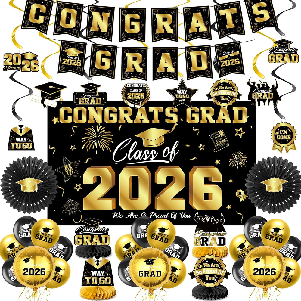 Graduation Decorations 2026-Black and Gold Graduation Party Decorations