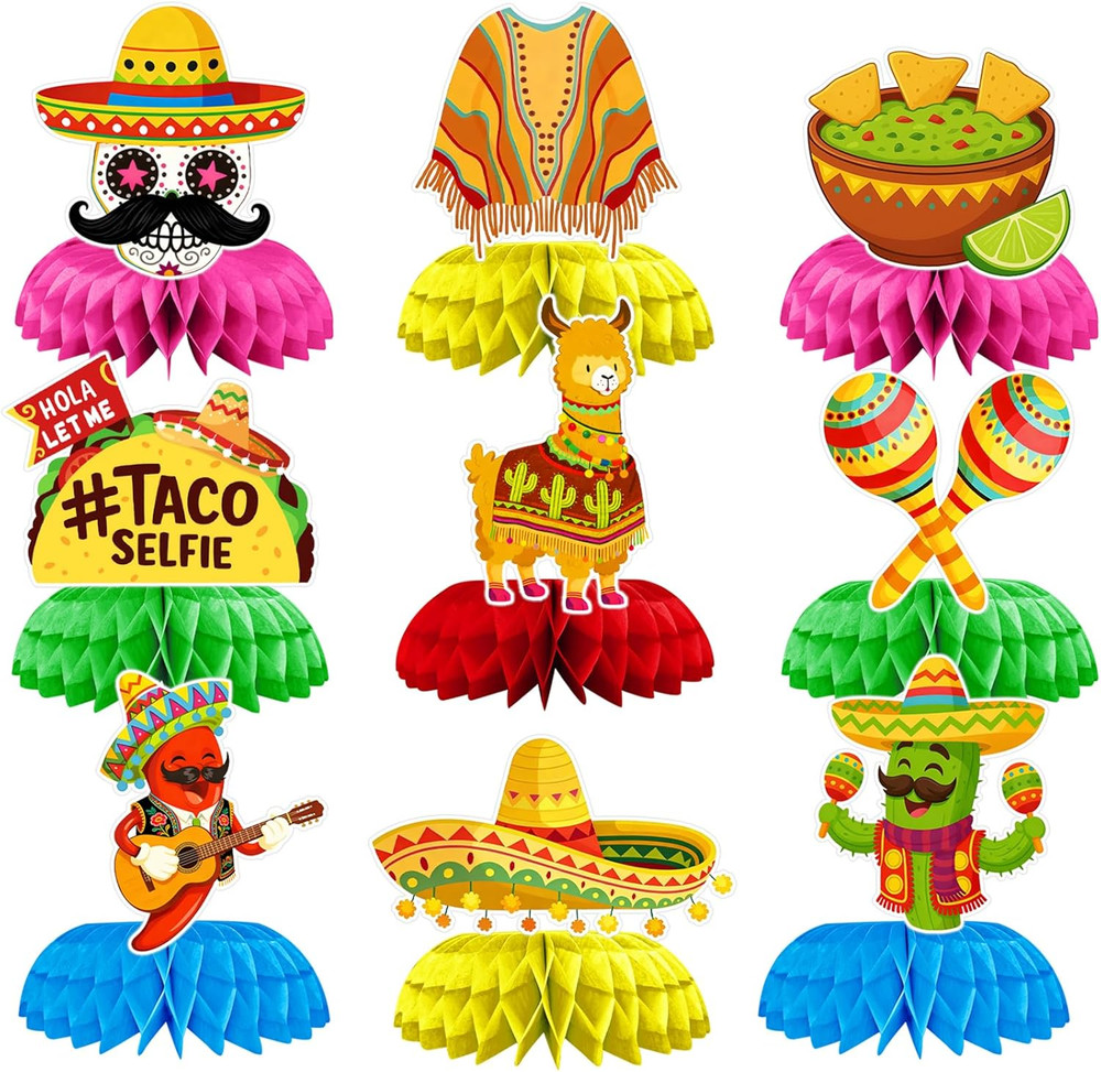 9 Pieces Fiesta Honeycomb Centerpieces Decorations – Mexican Sombrero Taco Llama