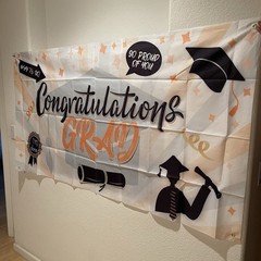 Congratulations Grad Banner – White, Orange, Black Party Decor