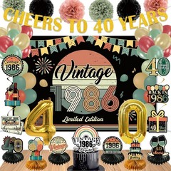 40th Birthday Party Decorations Set – Vintage 1986 Banner, Balloons, Cake Topper