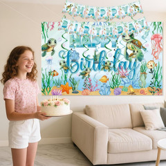 Sea Turtle Birthday Decorations Include Happy Birthday Banner, Backdrop, Hanging