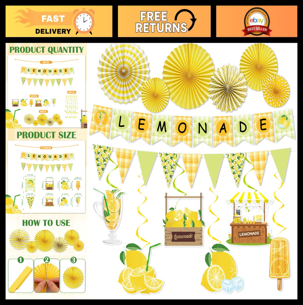 14pcs Lemonade Stand Party Decorations – Banners, Swirls, Paper Fans, Summer The