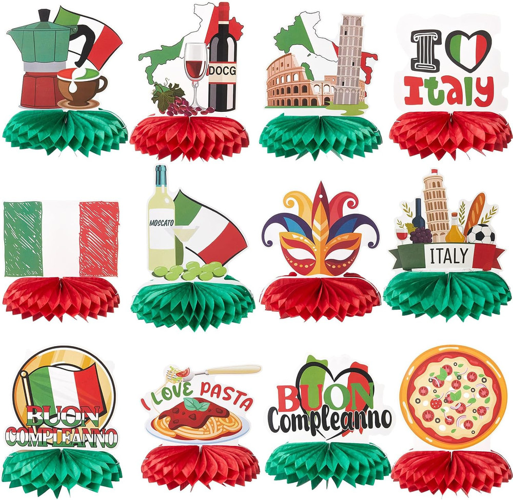 12 Pcs Italian Themed Party Decorations Honeycomb Centerpieces, BUON Compleanno