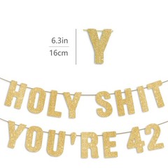 Pre-Strung Holy S You’re 42 Gold Glitter Banner, Happy 42nd Birthday