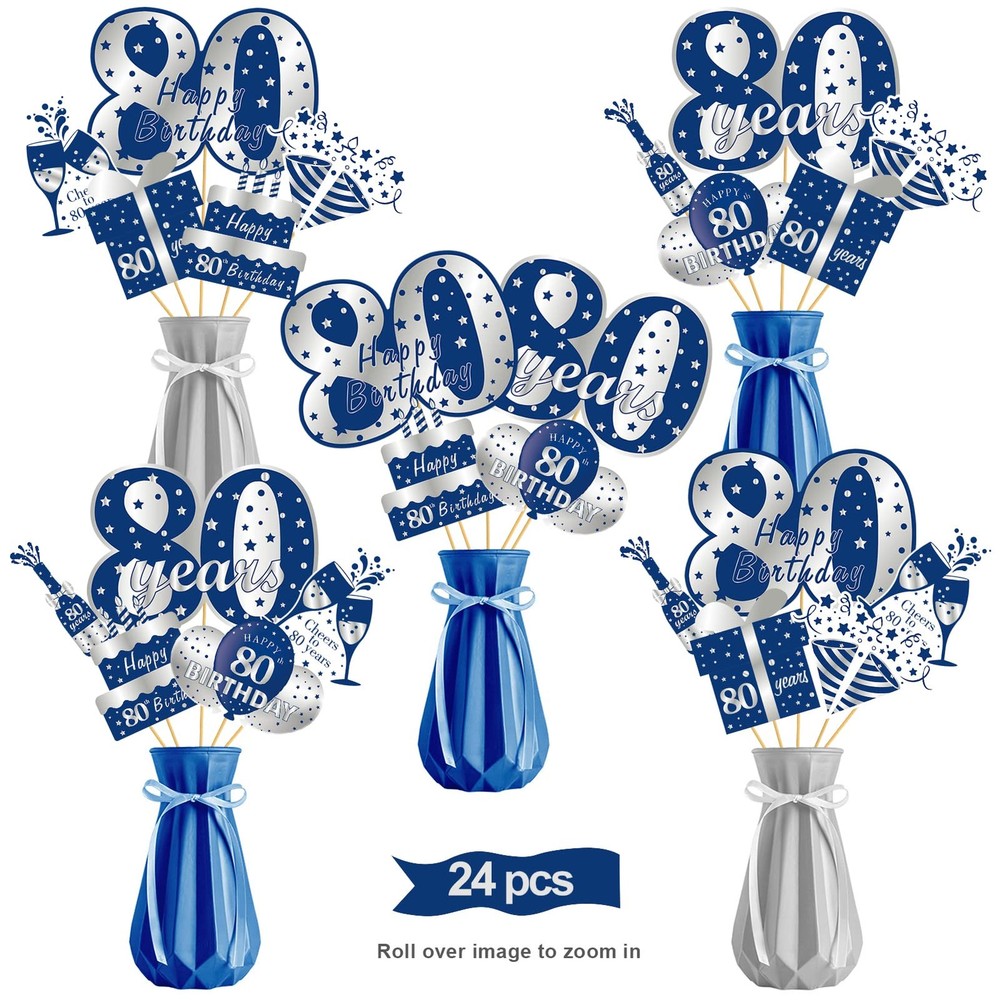 24Pcs 80th Birthday Decorations Table Topper for Men, Blue Silver 80 Year Old…